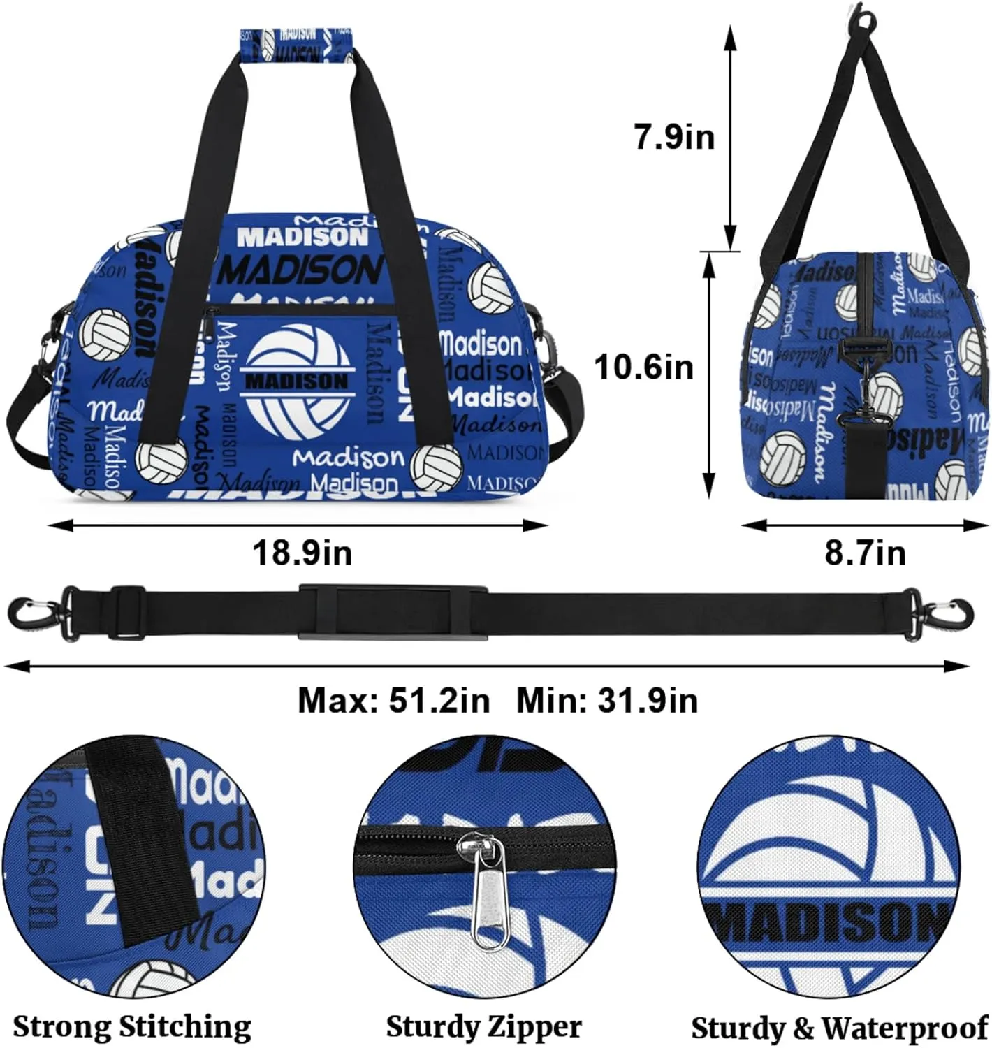 Custom Volleyball Gym Bag Duffel Bag for Women Men, Personalized Name Sport Bag Customized Overnight Bags Travel Weekender Bag, Cobalt Blue