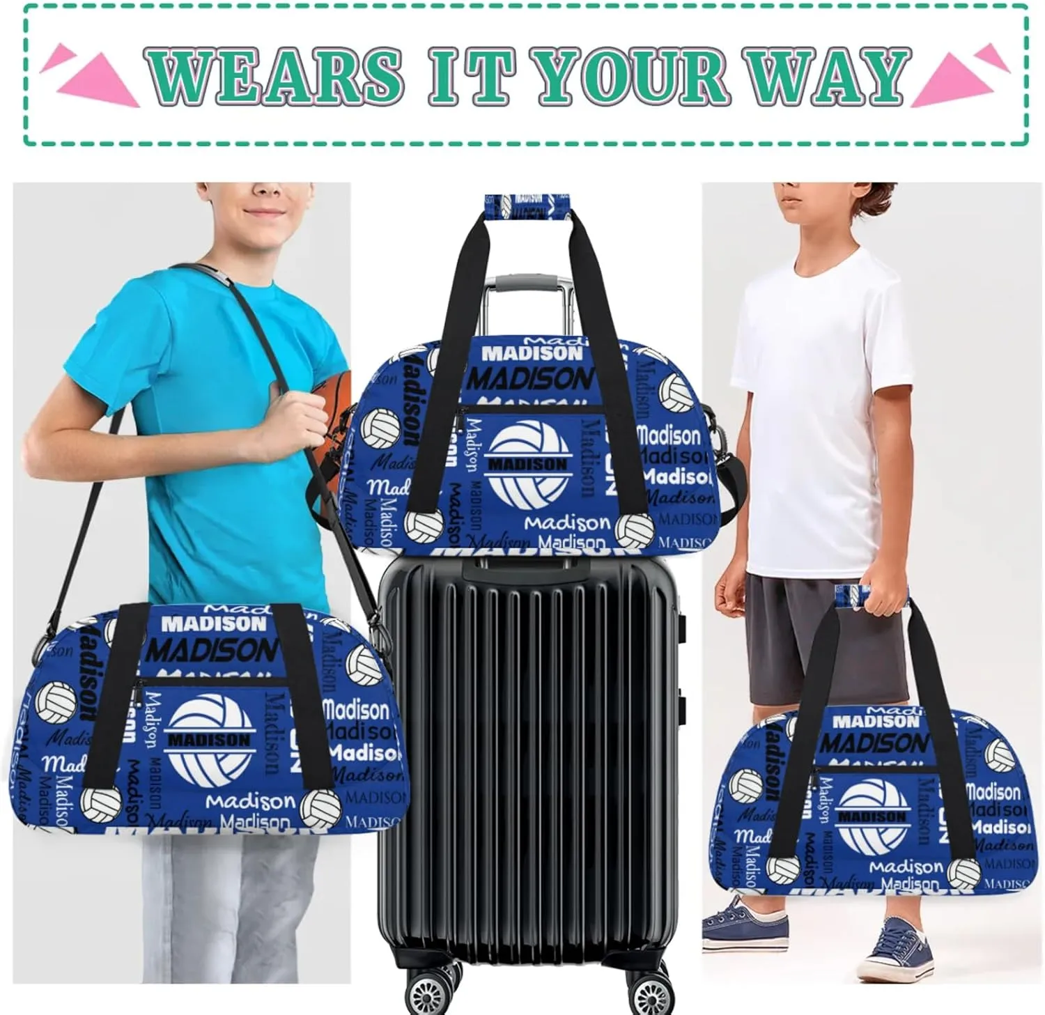 Custom Volleyball Gym Bag Duffel Bag for Women Men, Personalized Name Sport Bag Customized Overnight Bags Travel Weekender Bag, Cobalt Blue