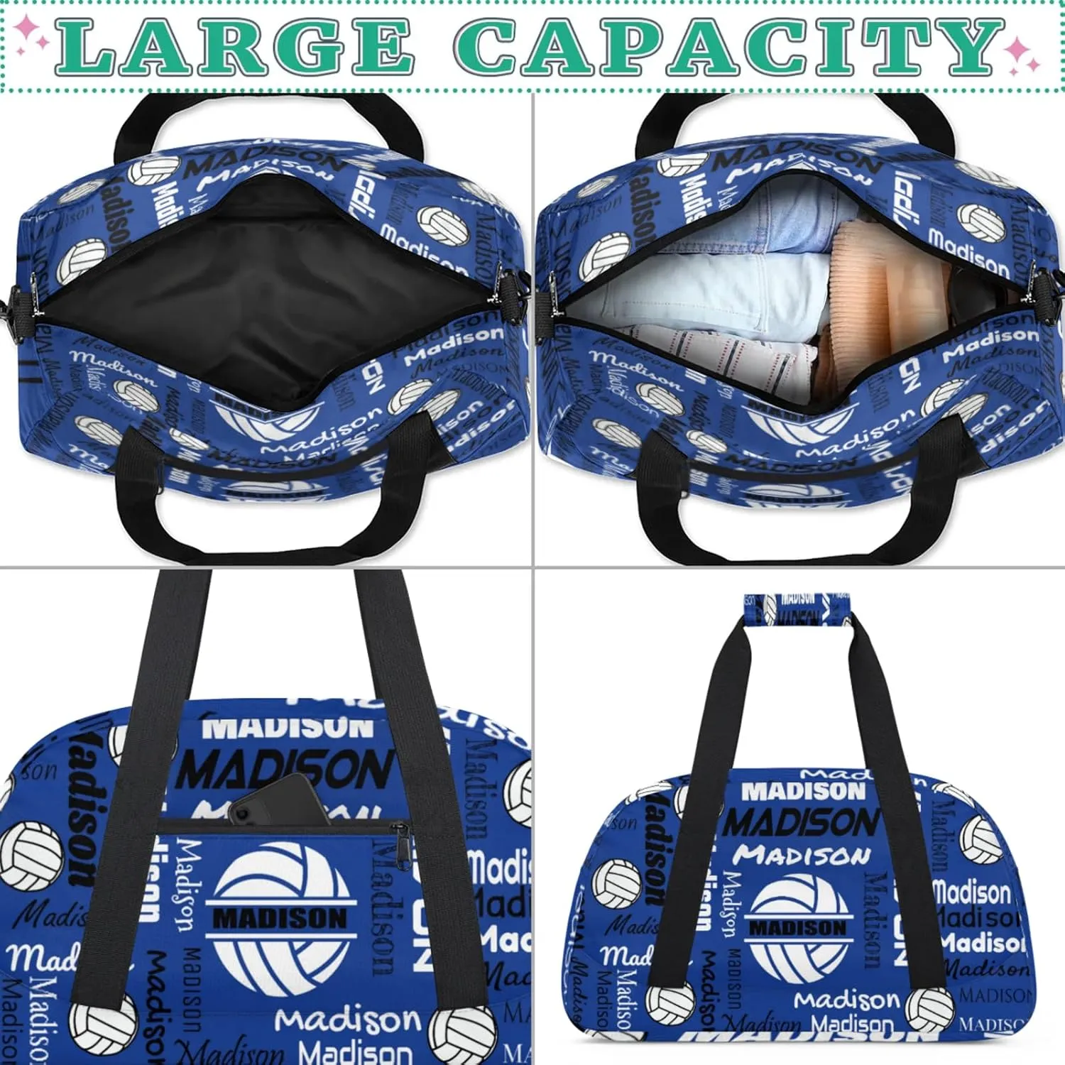 Custom Volleyball Gym Bag Duffel Bag for Women Men, Personalized Name Sport Bag Customized Overnight Bags Travel Weekender Bag, Cobalt Blue