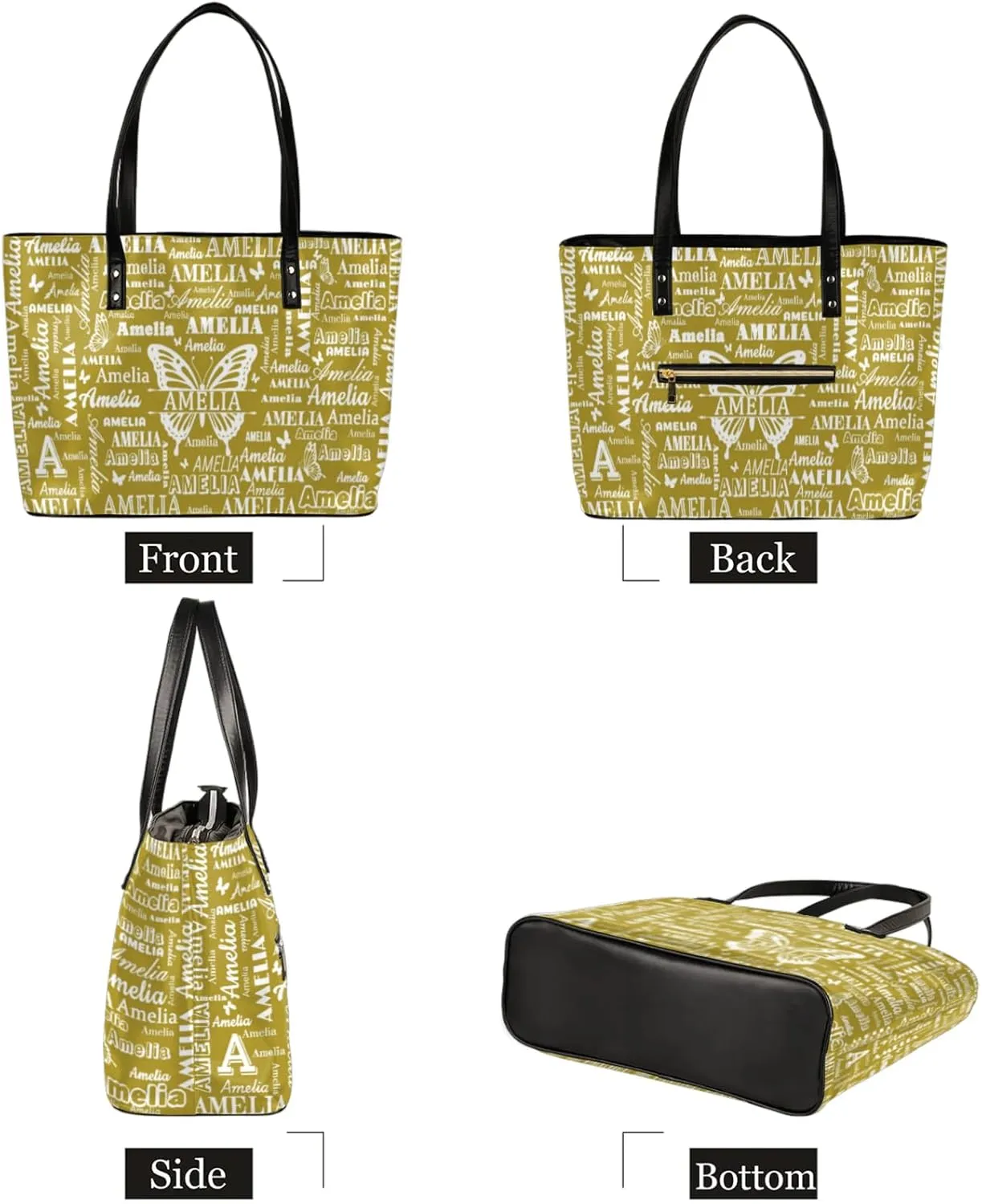 Custom Women Tote Bag with Zipper for Grils, Butterfly Design Personalized Shoulder Bag Casual Handbags