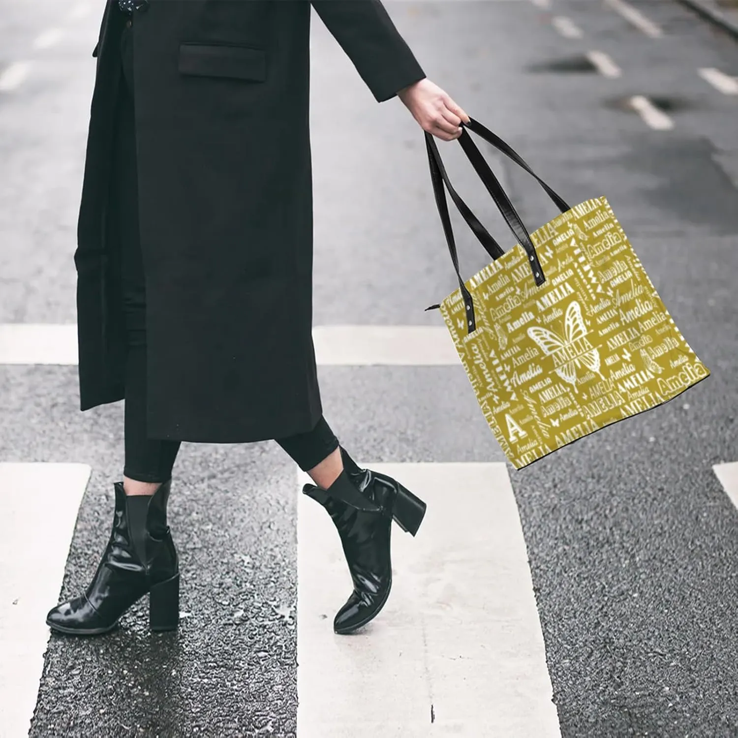 Custom Women Tote Bag with Zipper for Grils, Butterfly Design Personalized Shoulder Bag Casual Handbags