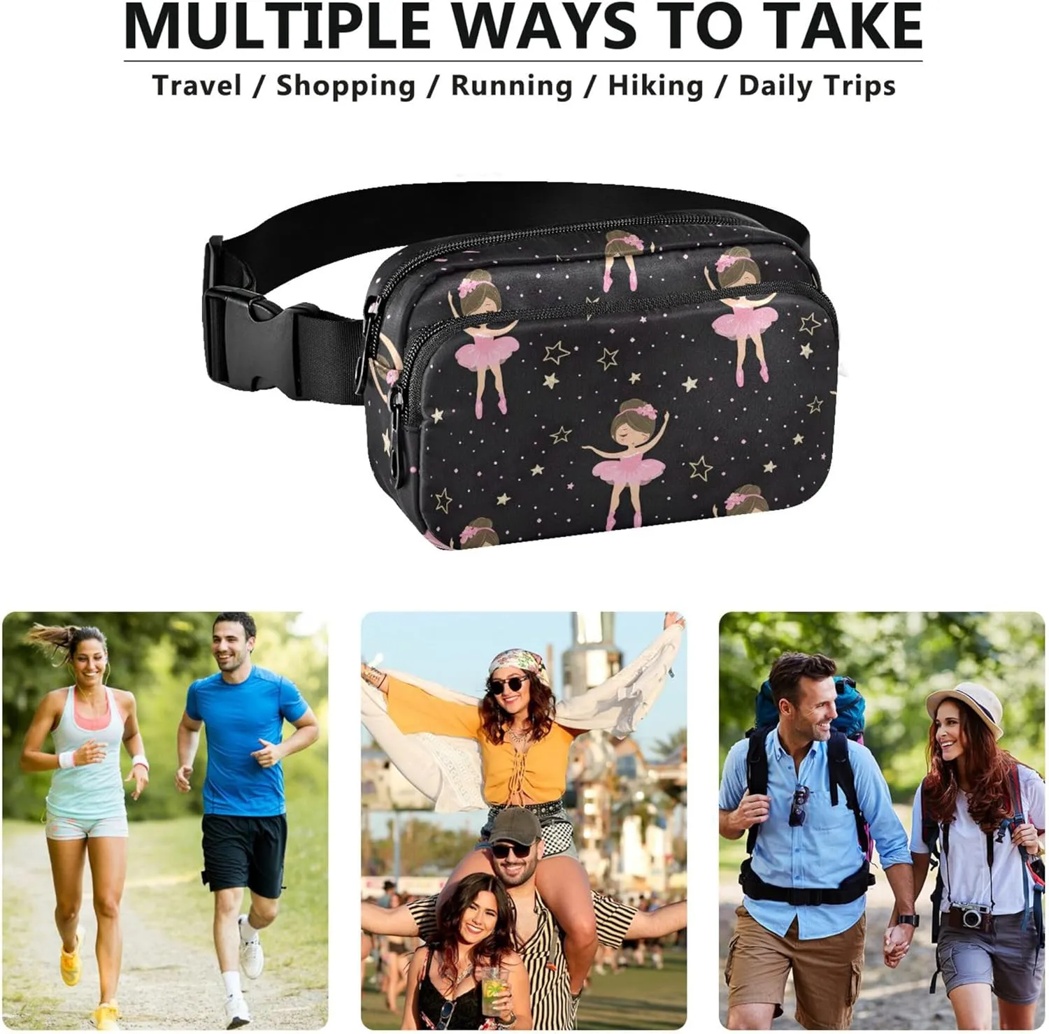 Cute Ballerina Stars Black Womens Fanny Pack Waterproof Hip Pouch Belt Bag Trendy Travel Waist Pouch