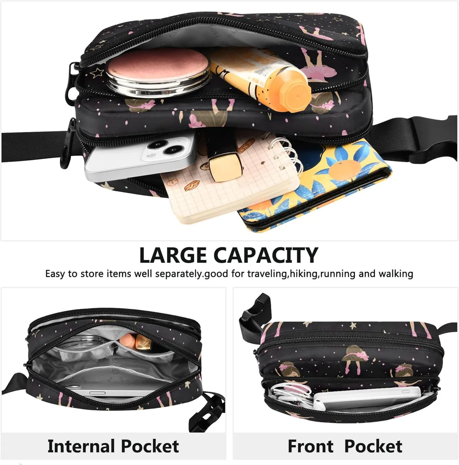 Cute Ballerina Stars Black Womens Fanny Pack Waterproof Hip Pouch Belt Bag Trendy Travel Waist Pouch