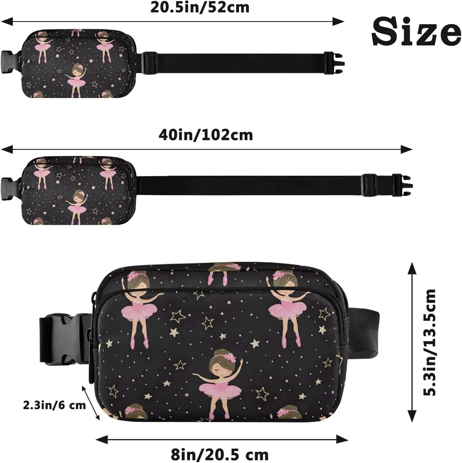 Cute Ballerina Stars Black Womens Fanny Pack Waterproof Hip Pouch Belt Bag Trendy Travel Waist Pouch