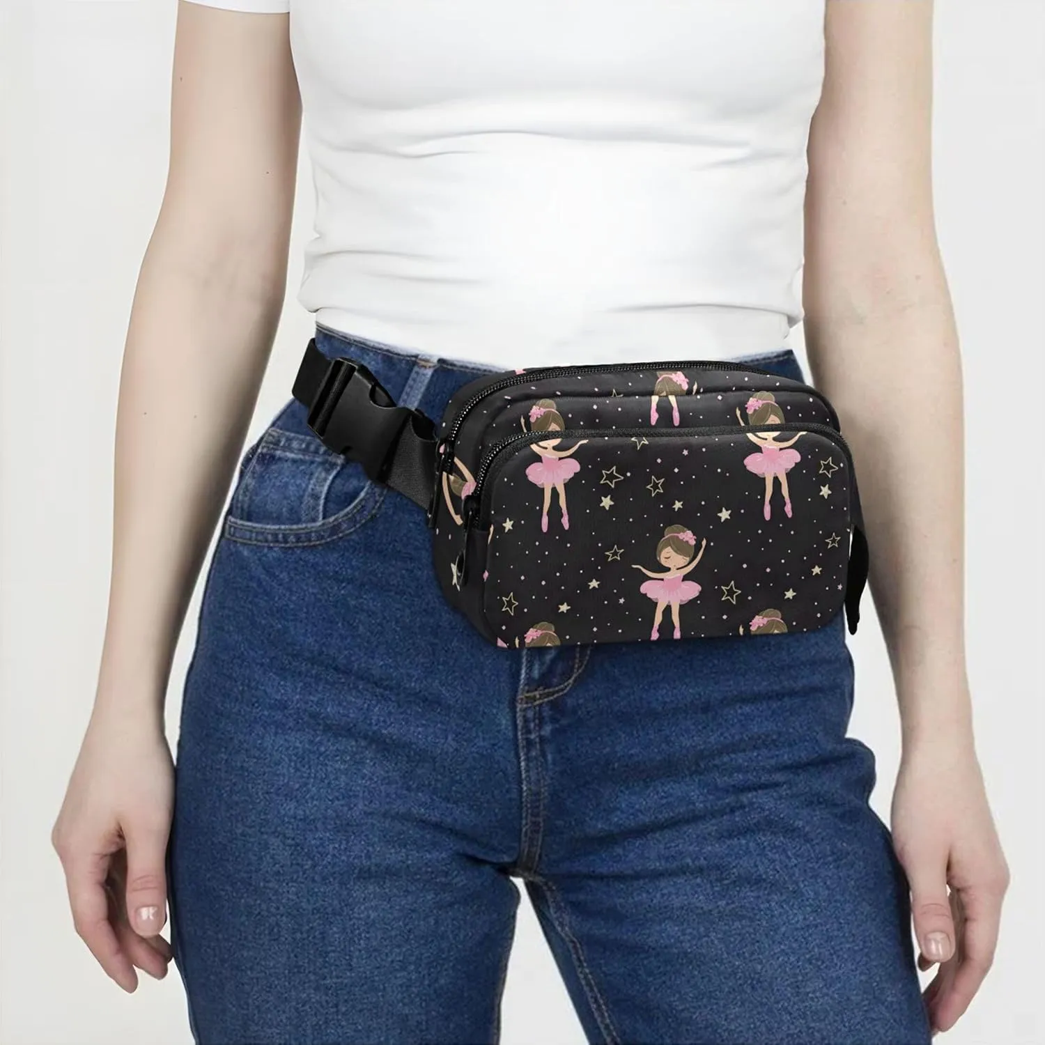 Cute Ballerina Stars Black Womens Fanny Pack Waterproof Hip Pouch Belt Bag Trendy Travel Waist Pouch