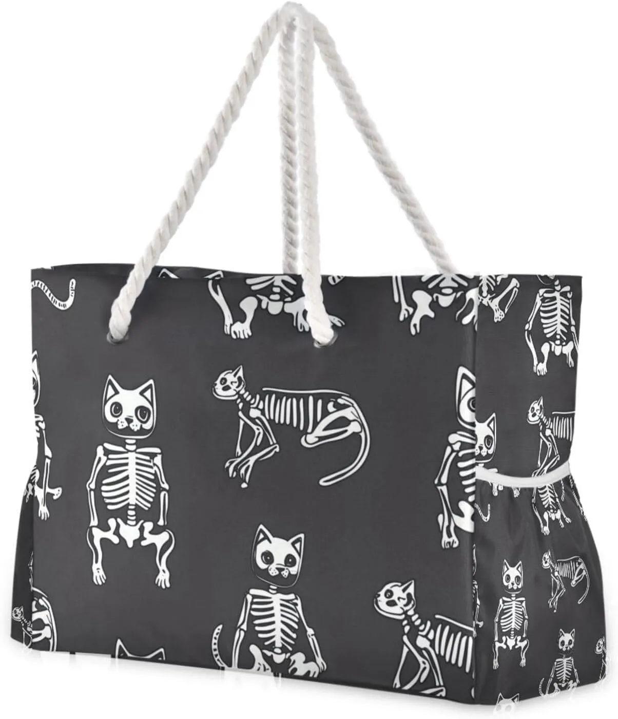 Cute Cat Skeletons Bone Carry On Bag Waterproof Sandproof with side pockets Large Zipper Tote Bag for Travel Gym Vacation