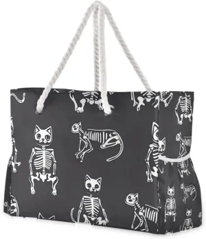 Cute Cat Skeletons Bone Carry On Bag Waterproof Sandproof with side pockets Large Zipper Tote Bag for Travel Gym Vacation