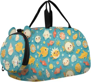 Cute Fish Seashells Girl's Gym Duffel Bag with Shoes Compartment Multifunctional Weekend Overnight Carry on Bag for Travel, Sports, Duffel, Weekender