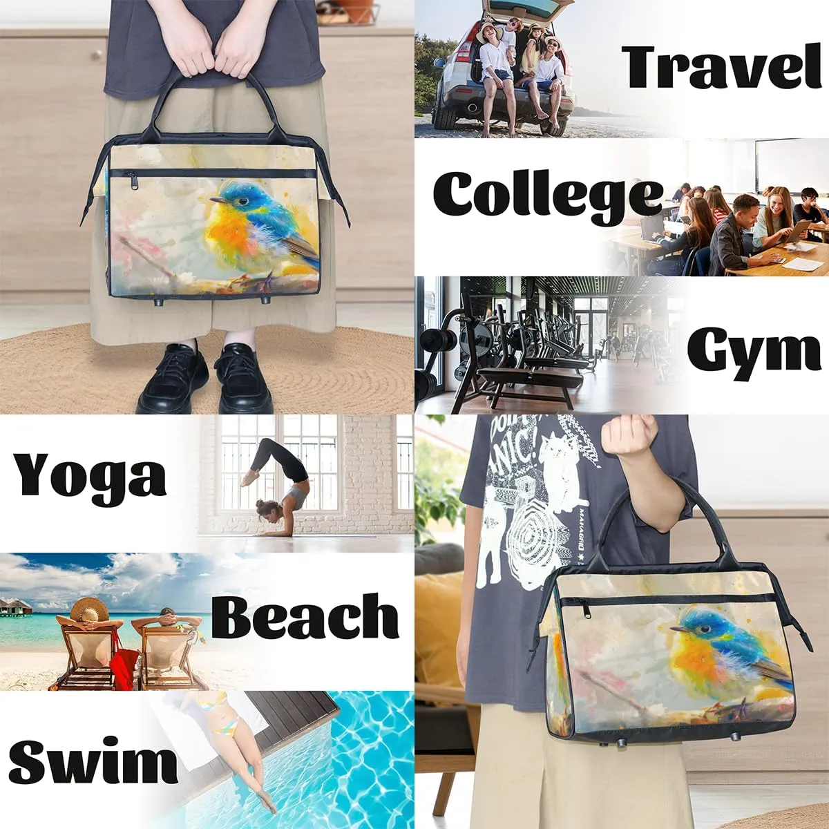 Cute Oil Painting Bird Weekender Overnight Bag for Women Waterproof Carry On Travel Duffle Bags with Pocket Lightweight Sports Gym Tote Bag Large Luggage Workout Personal Item Hospital Bags