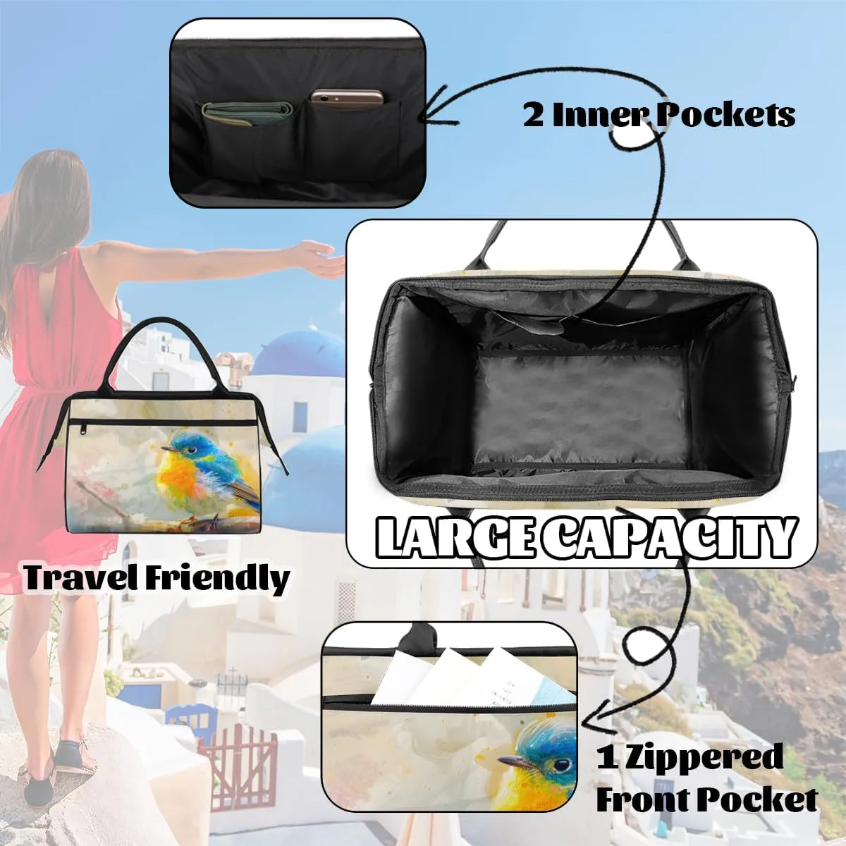 Cute Oil Painting Bird Weekender Overnight Bag for Women Waterproof Carry On Travel Duffle Bags with Pocket Lightweight Sports Gym Tote Bag Large Luggage Workout Personal Item Hospital Bags
