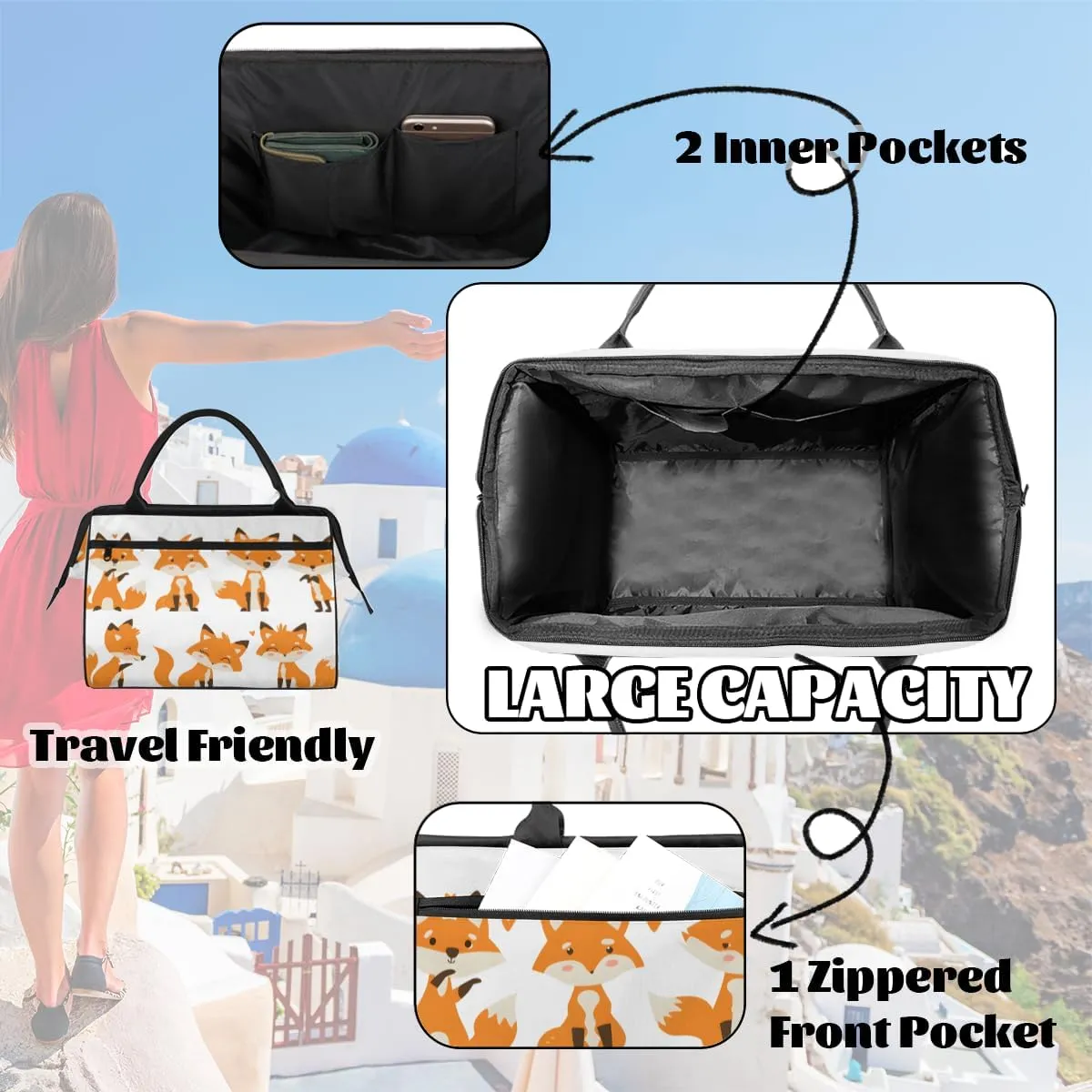 Cute Orange Animal Fox Weekender Overnight Bag for Women Waterproof Carry On Travel Duffle Bags with Pocket Lightweight Sports Gym Tote Bag Large Luggage Workout Personal Item Hospital Bags