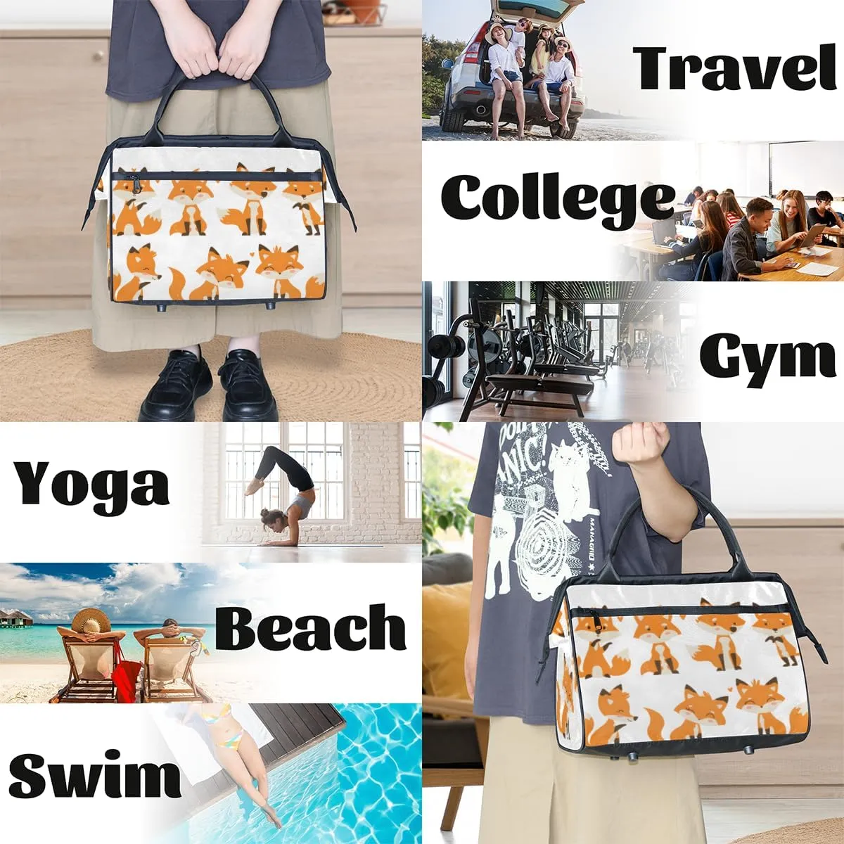 Cute Orange Animal Fox Weekender Overnight Bag for Women Waterproof Carry On Travel Duffle Bags with Pocket Lightweight Sports Gym Tote Bag Large Luggage Workout Personal Item Hospital Bags