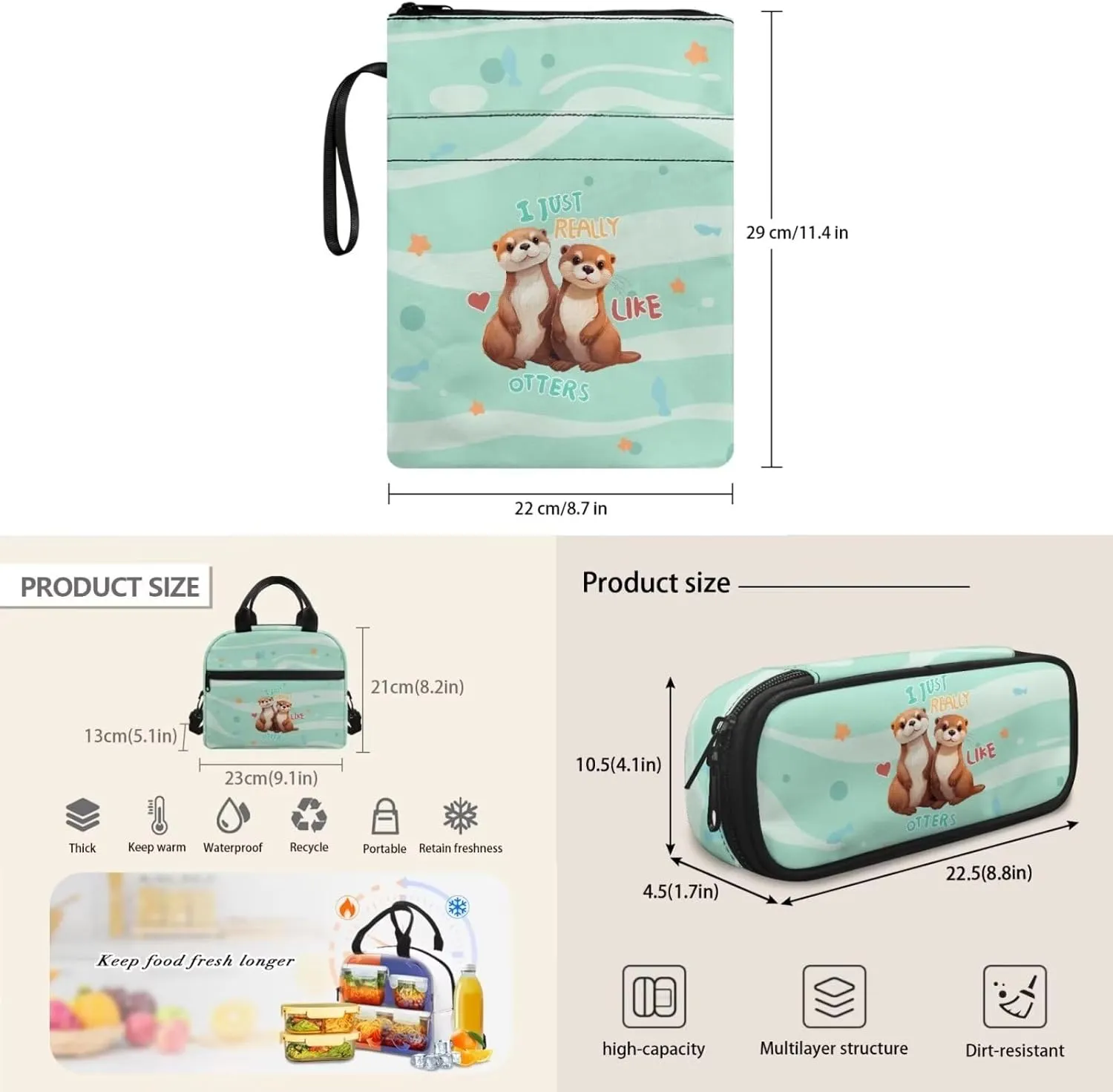 Cute Otter Backpack with Lunch Box Kids Girls Book Cover Large Capacity Backpack for Boys for School Waterproof Lunch Bag for Travel School Picnic Shopping