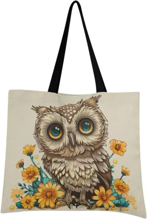 Cute Owl Flowers Canvas Tote Bag Aesthetic Reusable Canvas Bags for Festival Shopping Travel