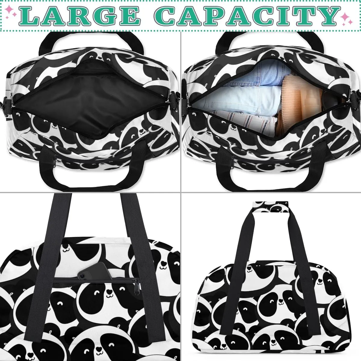 Cute Panda Animal Boys Girls Gym Bag Dance Perform Training Duffel Bags Weekender Carry-On Tote Luggage Bag Ideal for School Practice or Overnight Trips