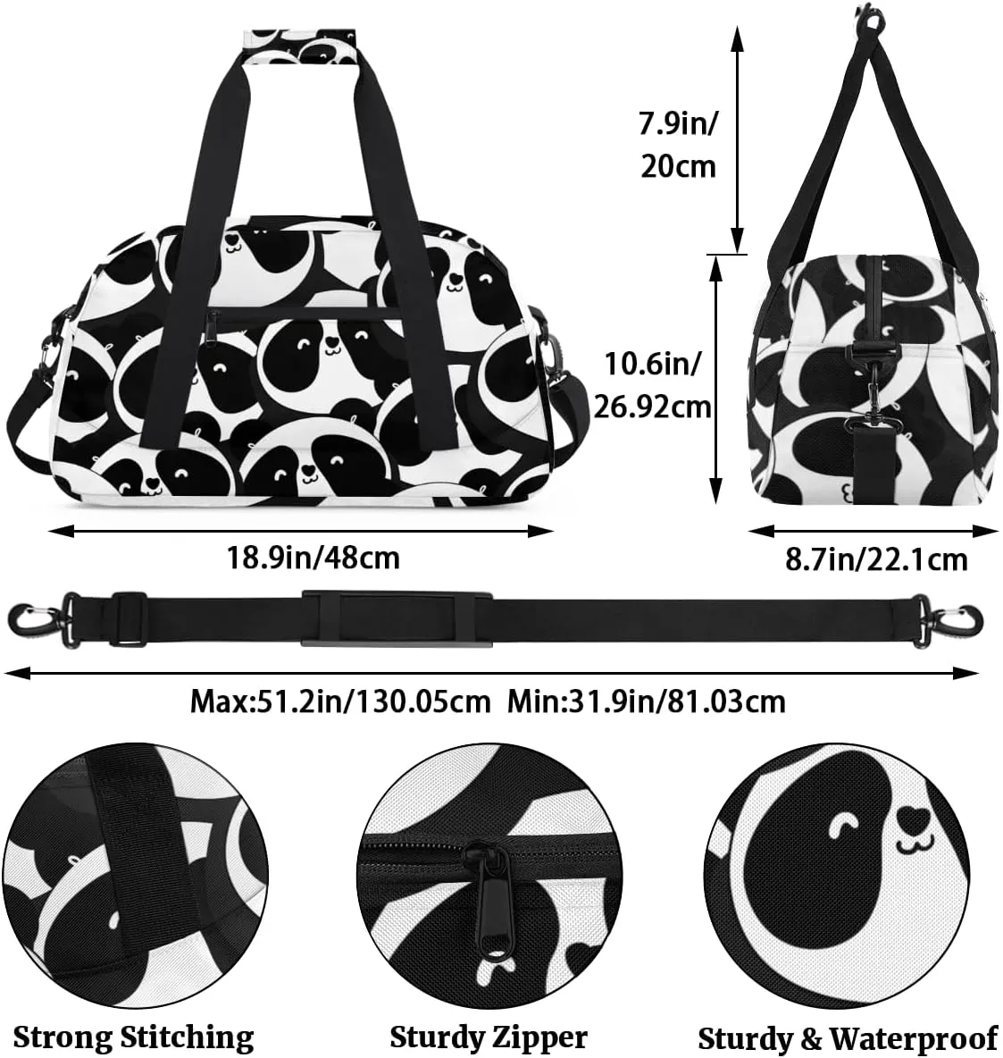 Cute Panda Animal Boys Girls Gym Bag Dance Perform Training Duffel Bags Weekender Carry-On Tote Luggage Bag Ideal for School Practice or Overnight Trips