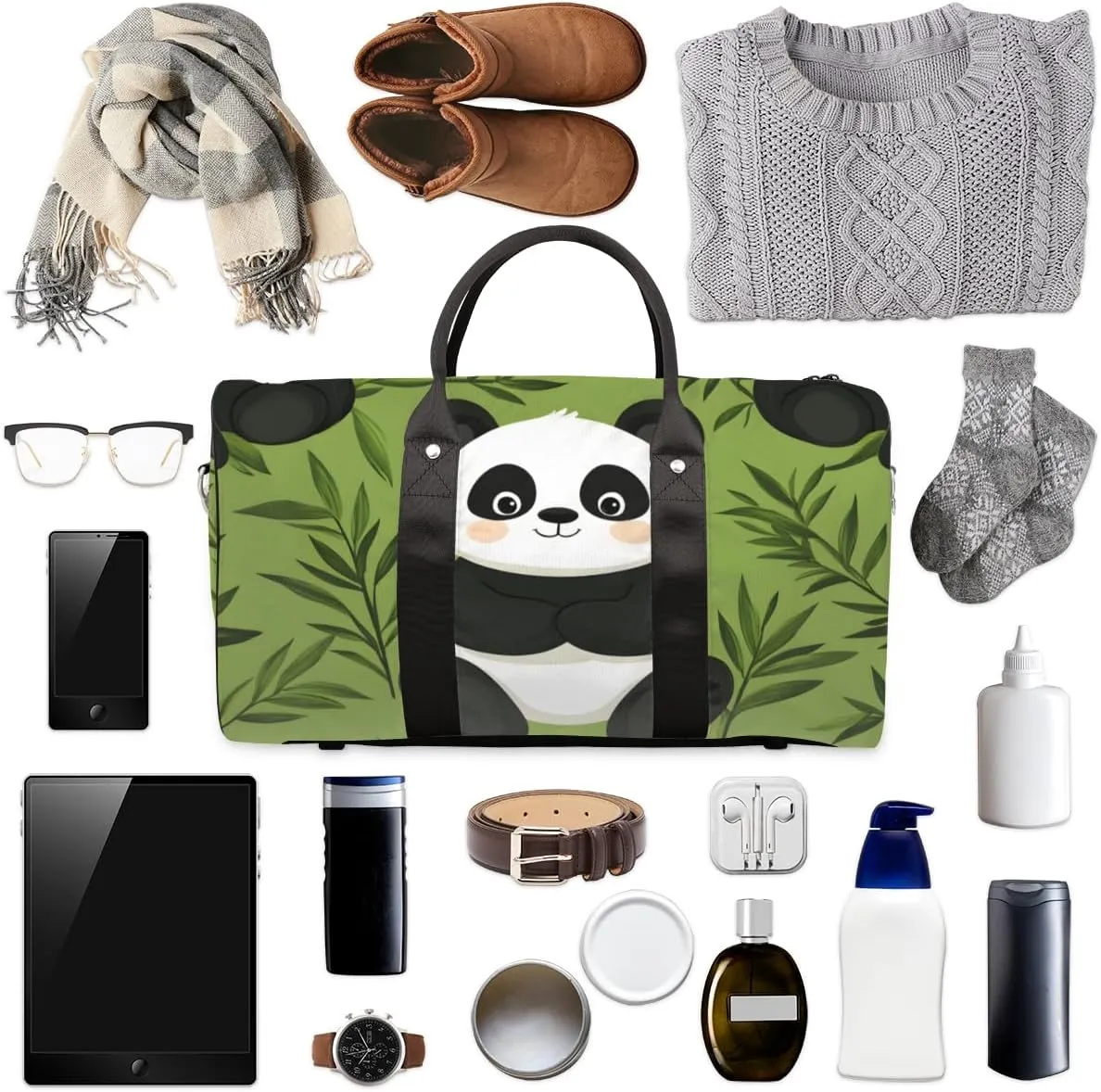 Cute Panda Travel Duffle Bag for Women Men Gym Duffel Foldable Bag Waterproof Weekender Leaves Tree Asian Duffle Tote