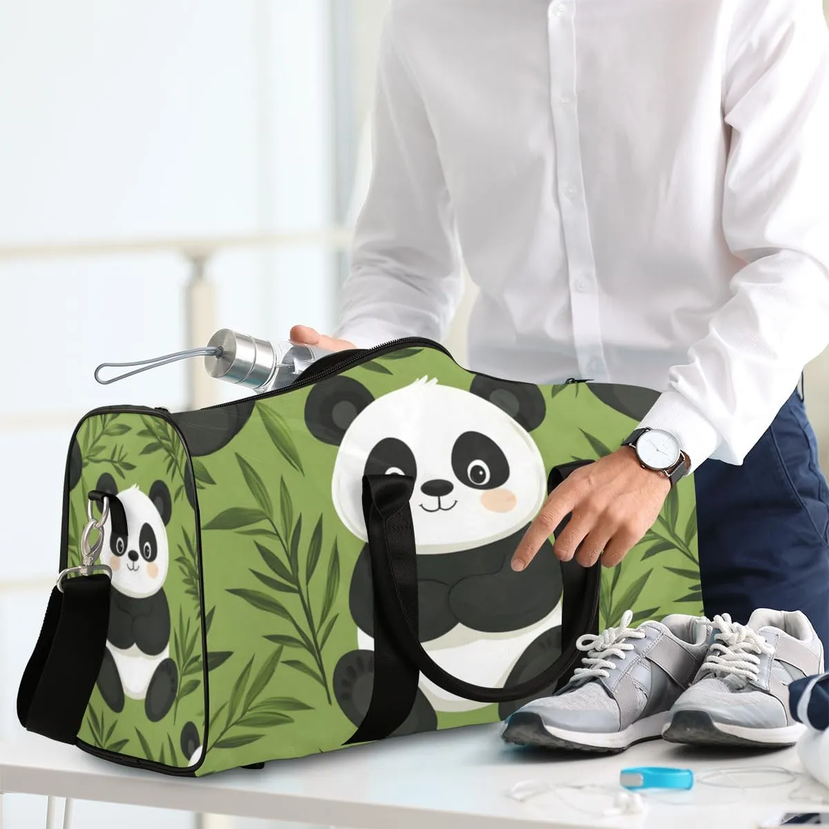Cute Panda Travel Duffle Bag for Women Men Gym Duffel Foldable Bag Waterproof Weekender Leaves Tree Asian Duffle Tote