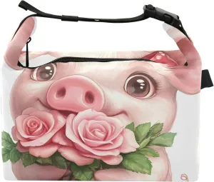 Cute Pig Roses Valentines Personalized Lunch Bag for Women Girls Adjustable Shoulder Strap Lunchbag for Work Cute Floral Insulated