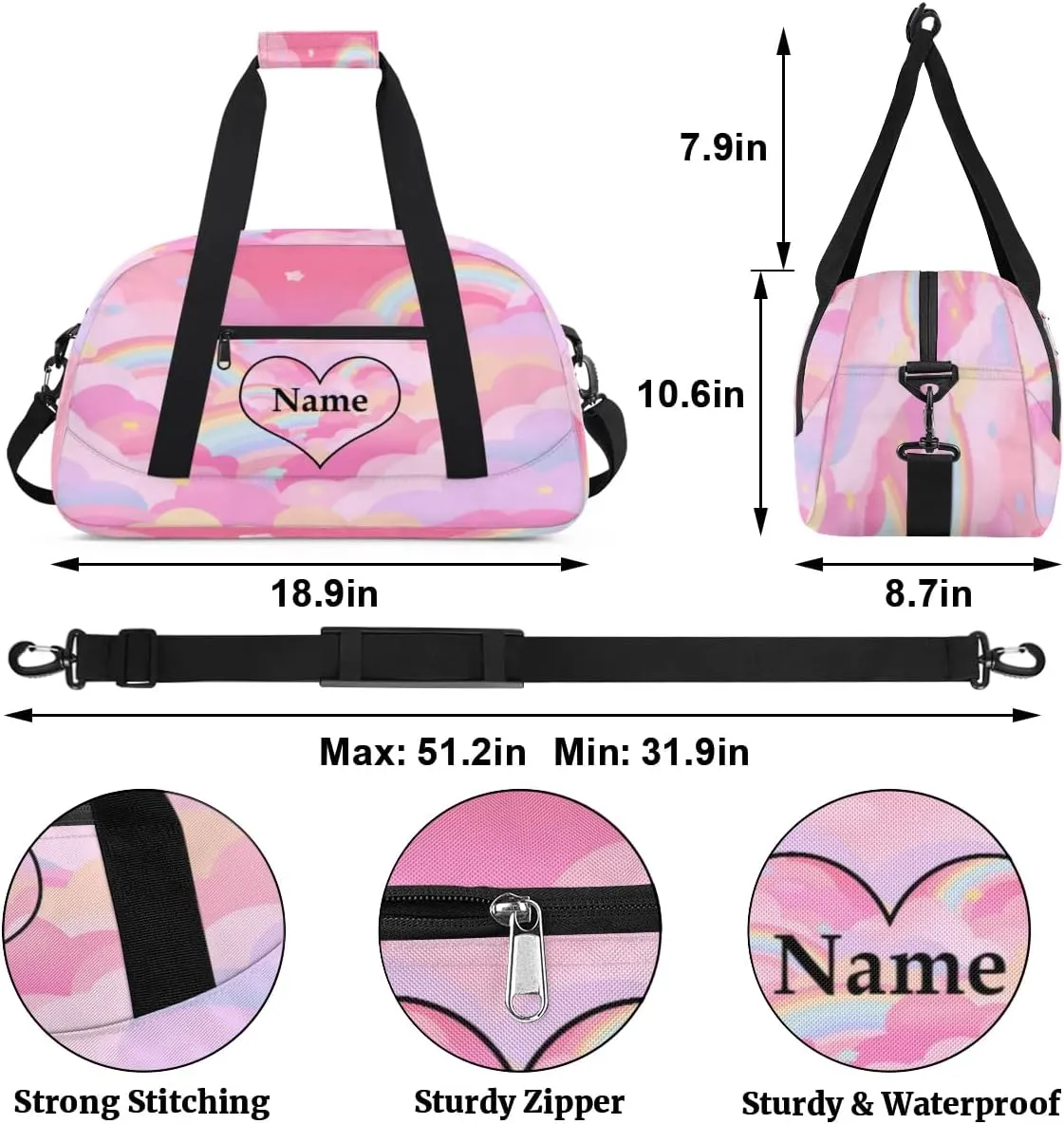 Cute Pink Personalized Duffle Bag for Kids Custom Dance Ballet Bag with Name Lightweight Travel Weekender Overnight Bags Sport Gym Duffel Bags Workout Carry On Tote Bag for Girls Boys