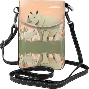 Cute rhinoceros Printing Leather Crossbody Flap Phone Bag - Versatile Gift for Women Walking, Camping, Shopping, and Travel