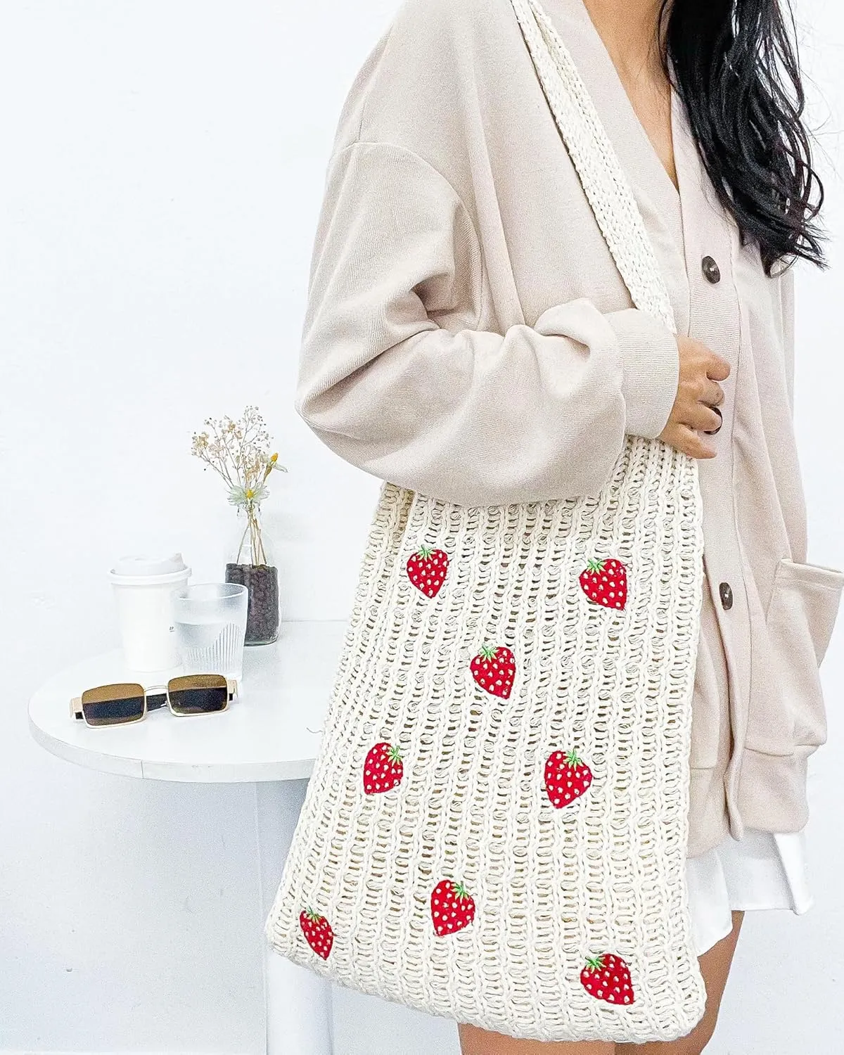 Cute Strawberry Pattern Tote Bag Crochet Tote Bag Shoulder Bag Handbags Knitting Bag Aesthetic Handmade Weaving