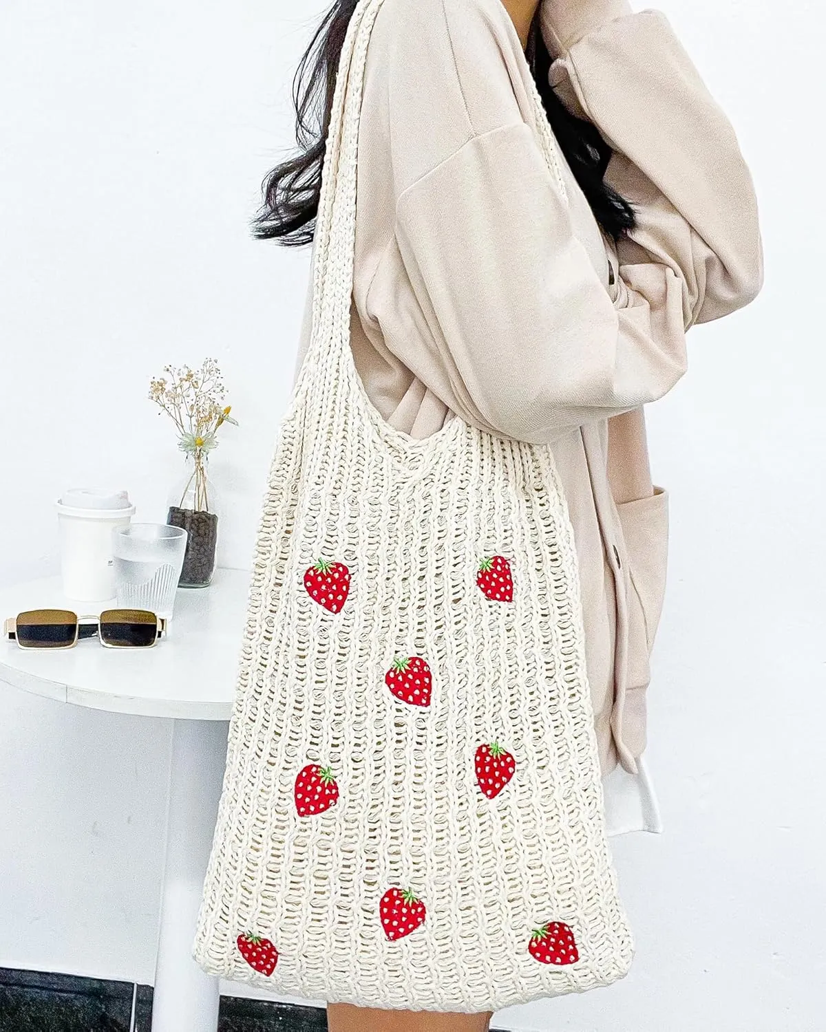 Cute Strawberry Pattern Tote Bag Crochet Tote Bag Shoulder Bag Handbags Knitting Bag Aesthetic Handmade Weaving