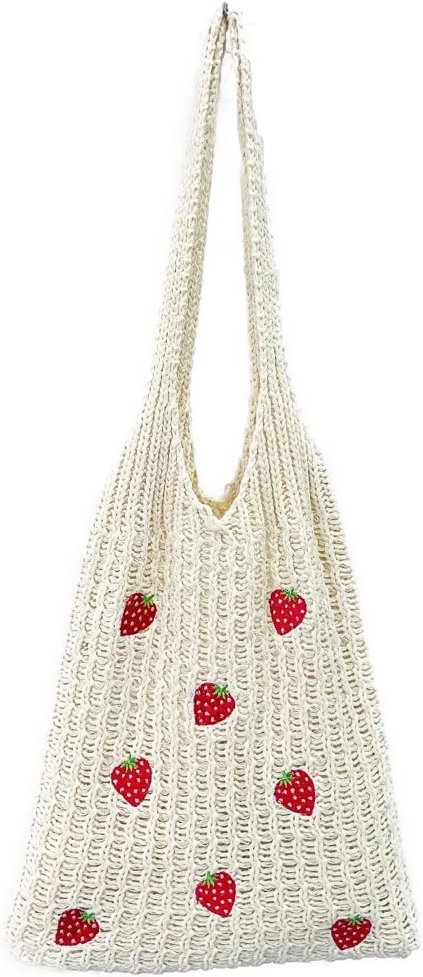Cute Strawberry Pattern Tote Bag Crochet Tote Bag Shoulder Bag Handbags Knitting Bag Aesthetic Handmade Weaving