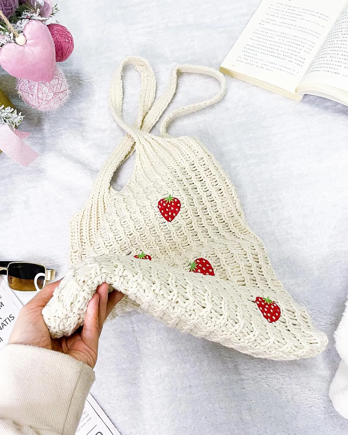 Cute Strawberry Pattern Tote Bag Crochet Tote Bag Shoulder Bag Handbags Knitting Bag Aesthetic Handmade Weaving