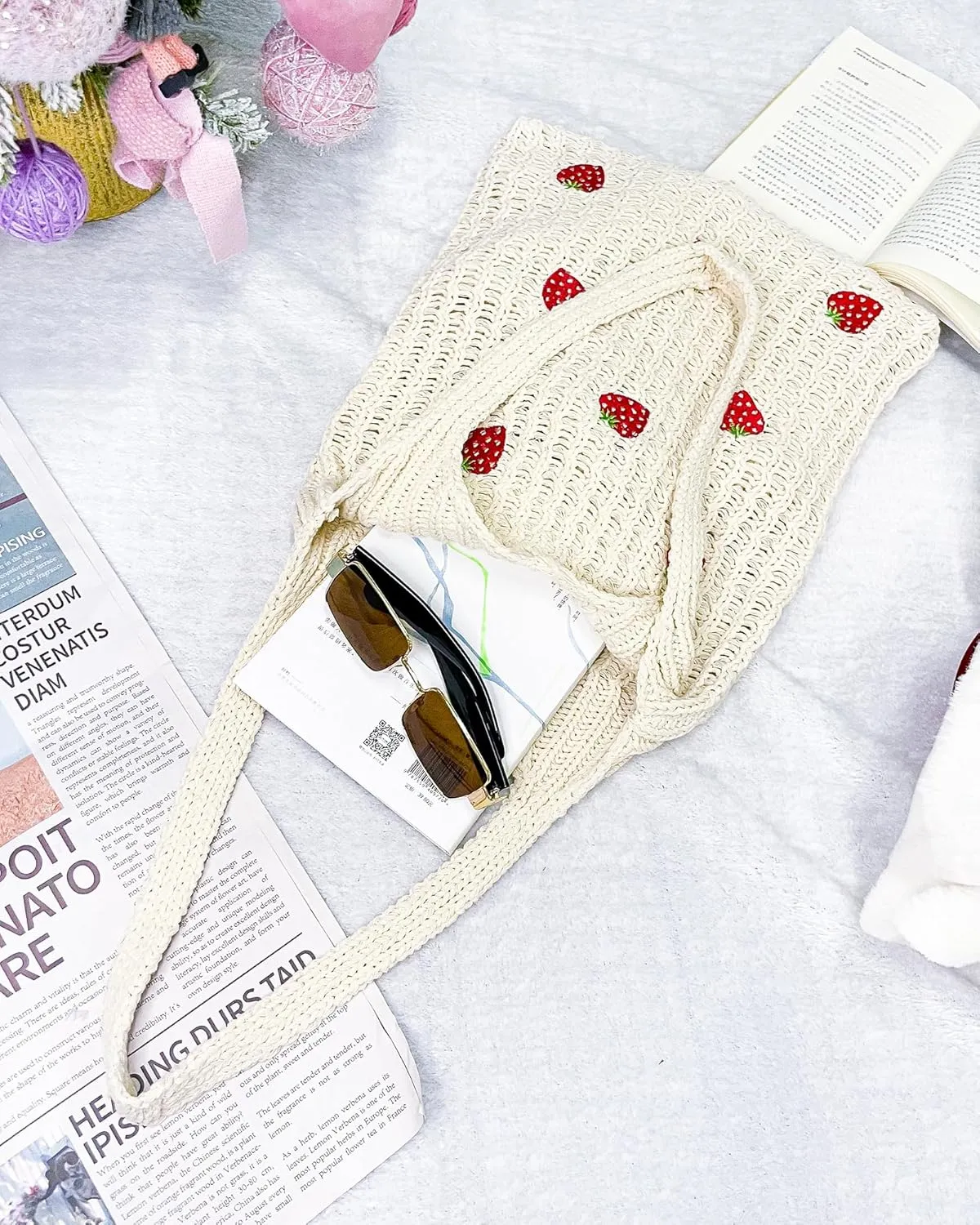 Cute Strawberry Pattern Tote Bag Crochet Tote Bag Shoulder Bag Handbags Knitting Bag Aesthetic Handmade Weaving
