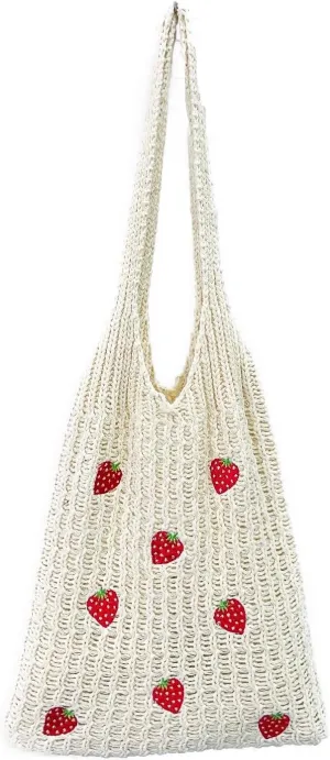 Cute Strawberry Pattern Tote Bag Crochet Tote Bag Shoulder Bag Handbags Knitting Bag Aesthetic Handmade Weaving