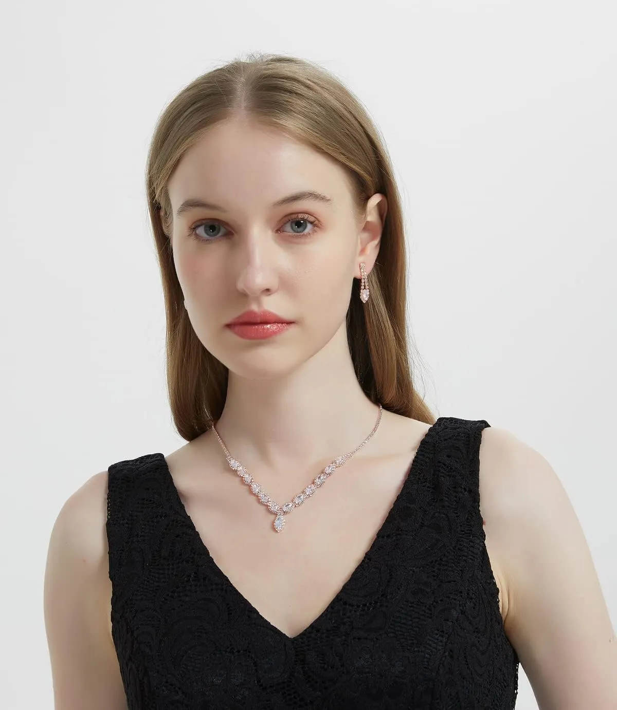 CZ Rhinestone Necklace Earrings Wedding Jewelry Set For Bride Bridesmaid Prom Evening Party Homecoming