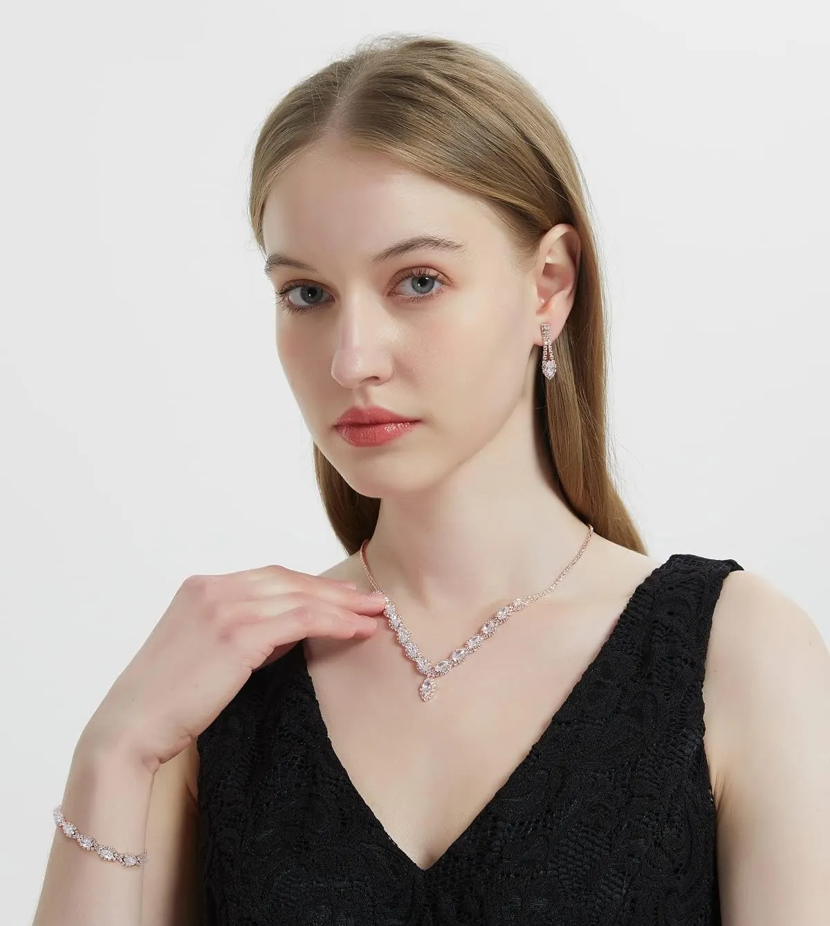 CZ Rhinestone Necklace Earrings Wedding Jewelry Set For Bride Bridesmaid Prom Evening Party Homecoming