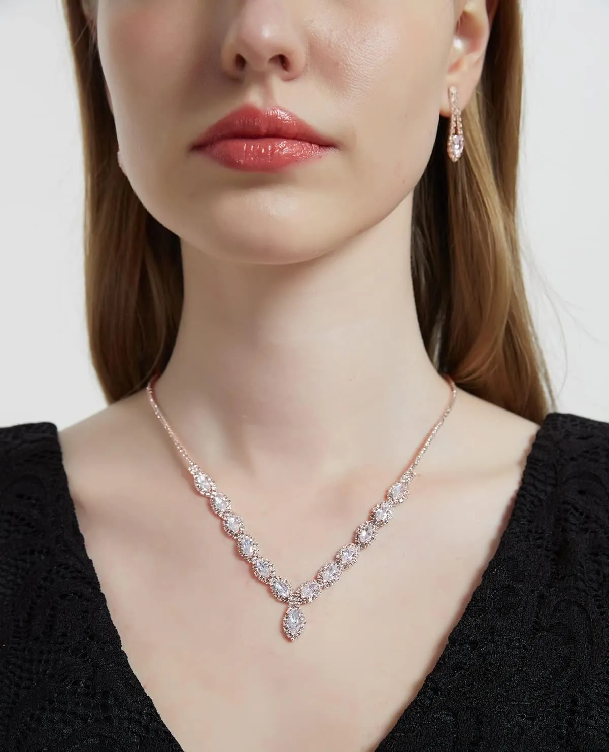 CZ Rhinestone Necklace Earrings Wedding Jewelry Set For Bride Bridesmaid Prom Evening Party Homecoming