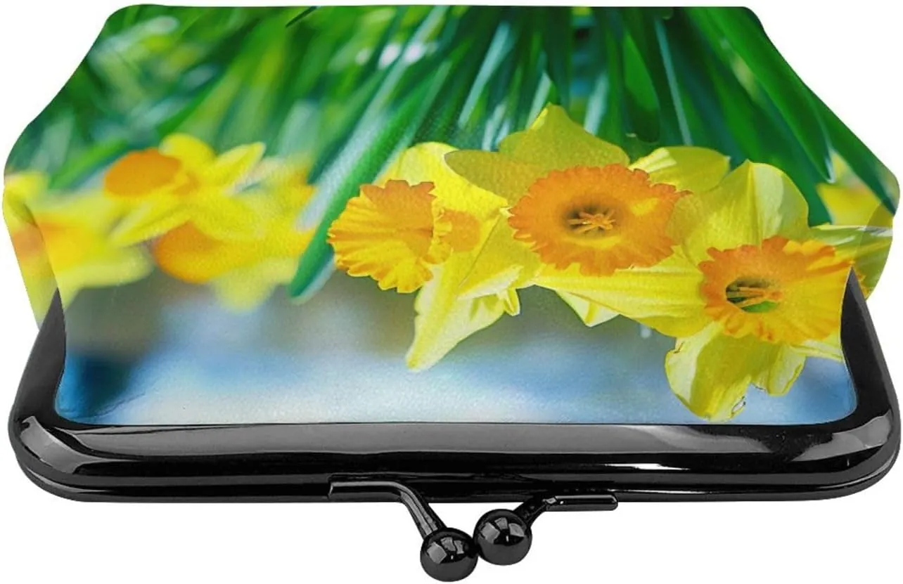 Daffodil Flower Prints Coin Purses with Kiss-lock, PU Leather Mini Pouch Change Wallet for Men Women