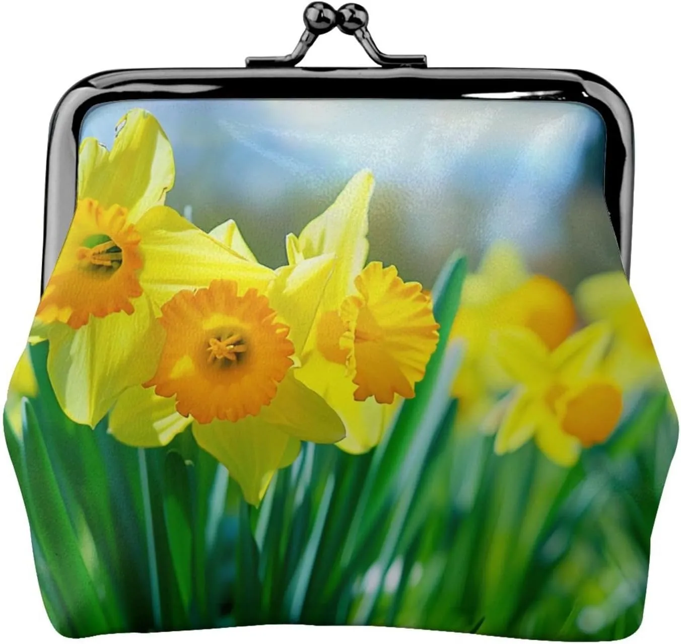 Daffodil Flower Prints Coin Purses with Kiss-lock, PU Leather Mini Pouch Change Wallet for Men Women