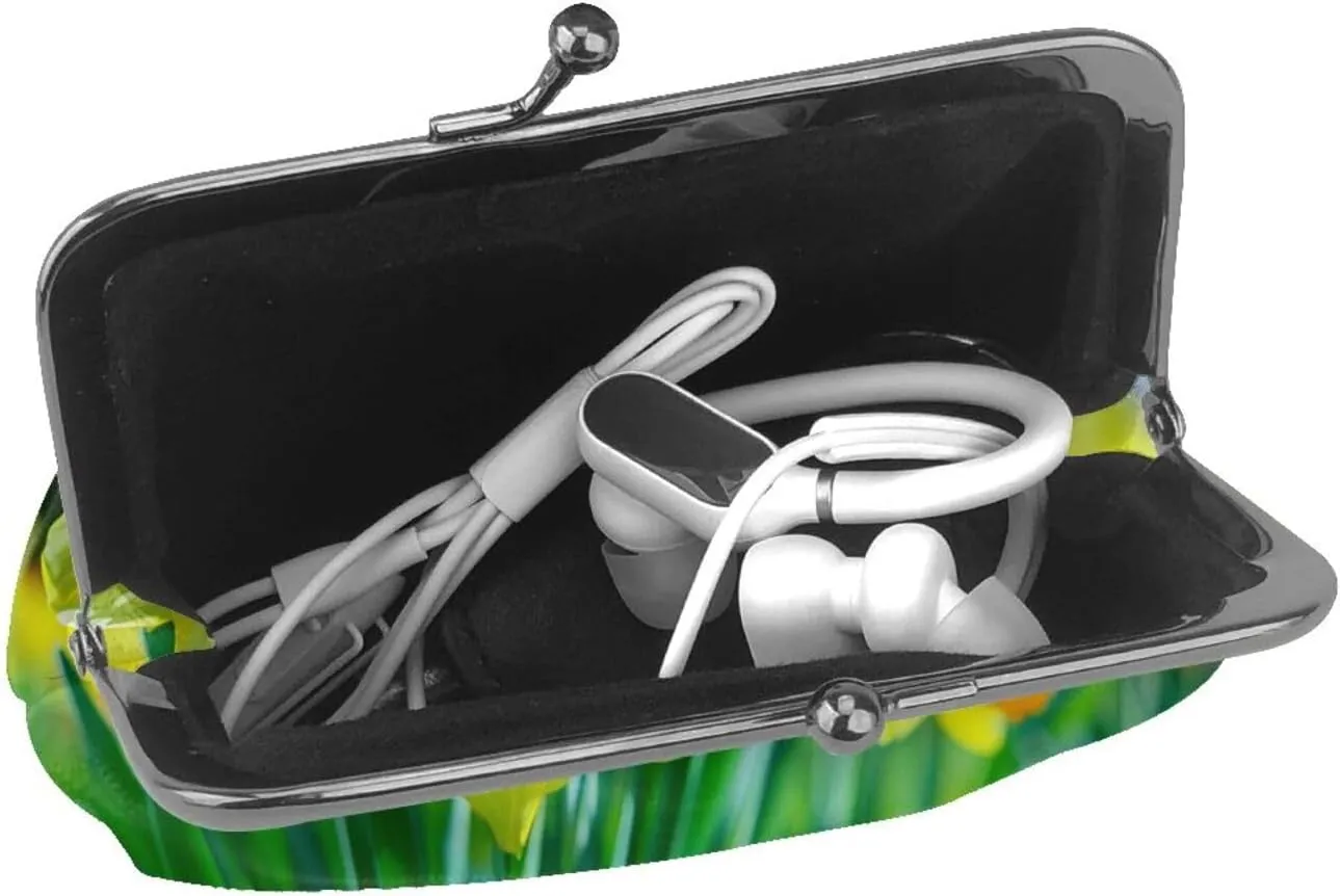 Daffodil Flower Prints Coin Purses with Kiss-lock, PU Leather Mini Pouch Change Wallet for Men Women