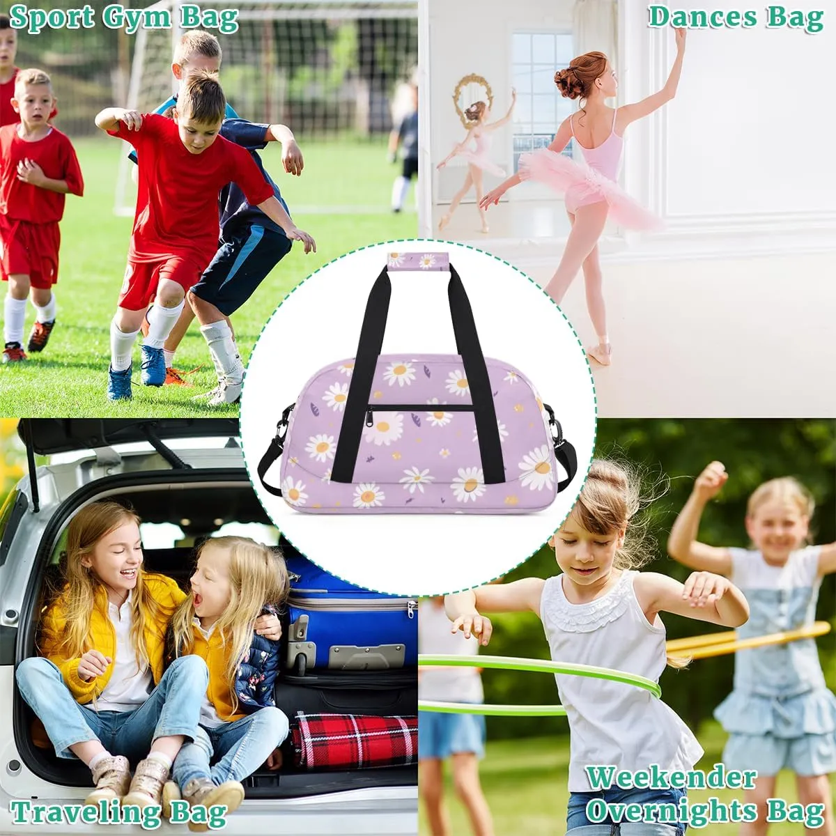 Daisy Purple Boys Girls Gym Bag Dance Perform Training Duffel Bags Weekender Carry-On Tote Luggage Bag Ideal for School Practice or Overnight Trips Daisy