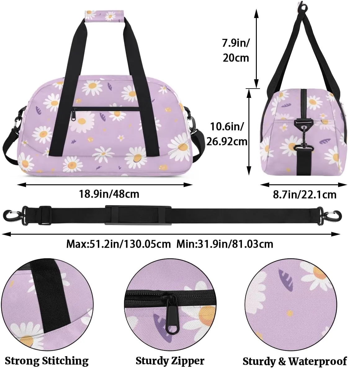 Daisy Purple Boys Girls Gym Bag Dance Perform Training Duffel Bags Weekender Carry-On Tote Luggage Bag Ideal for School Practice or Overnight Trips Daisy