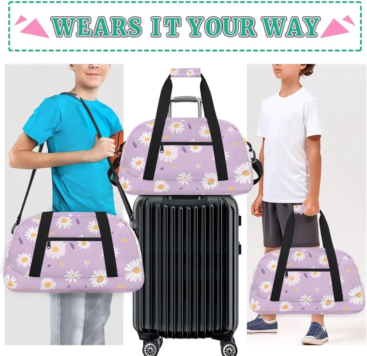 Daisy Purple Boys Girls Gym Bag Dance Perform Training Duffel Bags Weekender Carry-On Tote Luggage Bag Ideal for School Practice or Overnight Trips Daisy