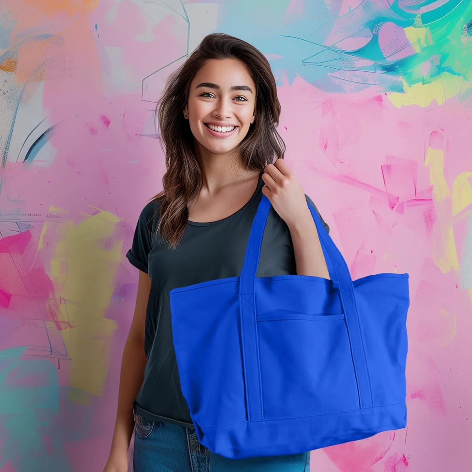 DALIX Womens 23" Deluxe 24 oz. Cotton Canvas Tote Bag Zippered in Royal Blue