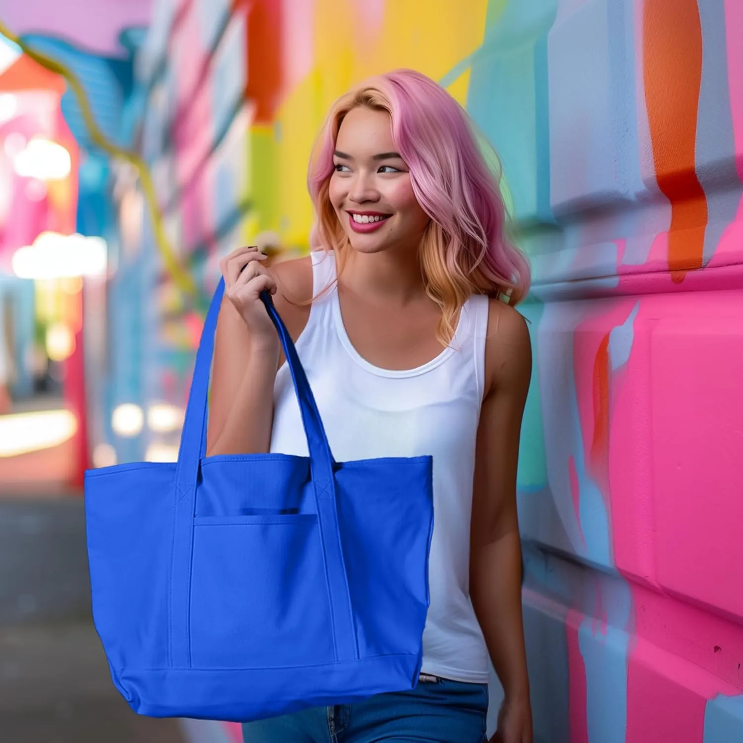 DALIX Womens 23" Deluxe 24 oz. Cotton Canvas Tote Bag Zippered in Royal Blue