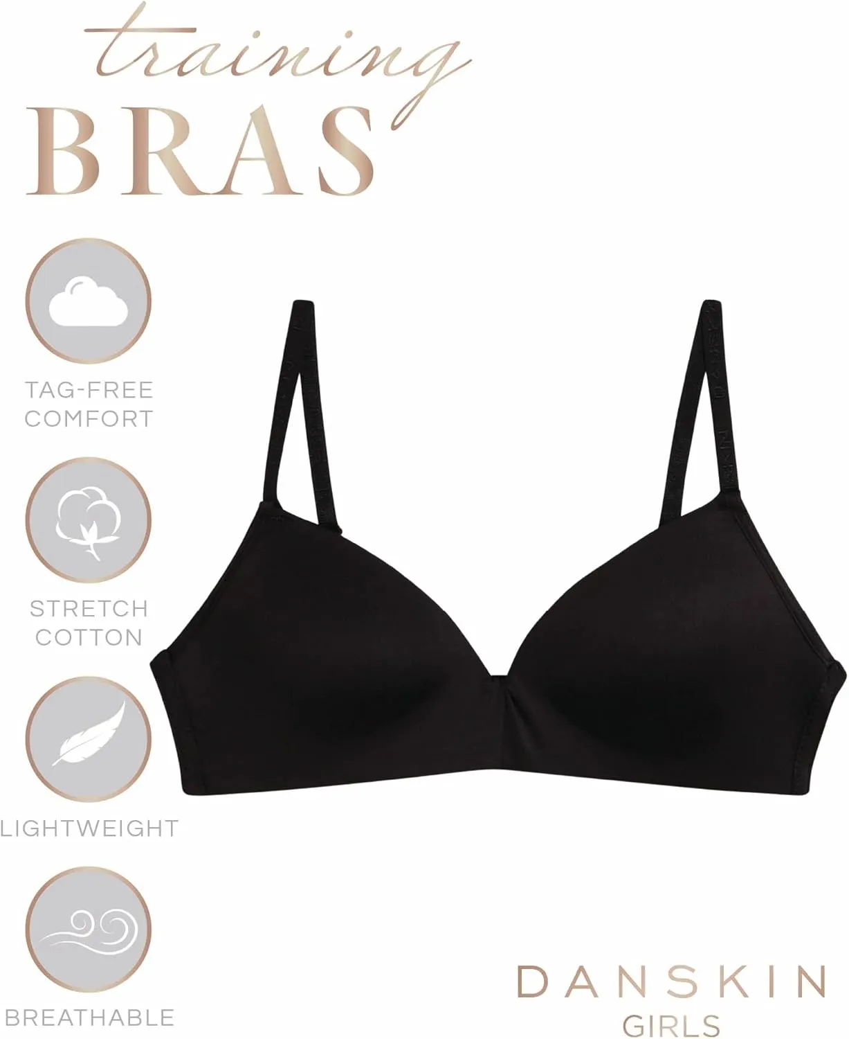 Danskin Girls Training Bra - 2 Pack Wireless Molded Cup Bras for Teens with Adjustable Straps (Sizes 30A-36A)