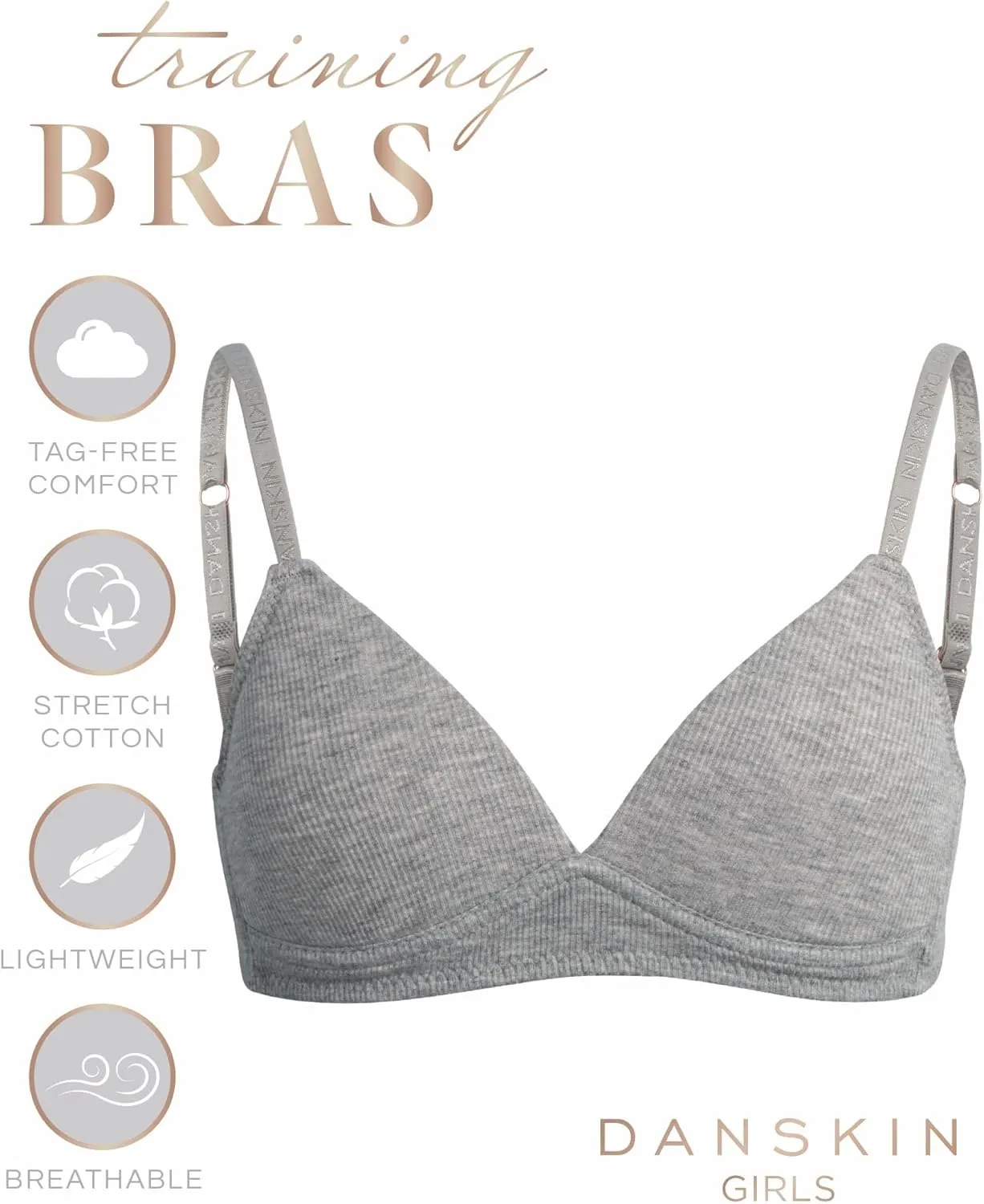 Danskin Girls Training Bra - 2 Pack Wireless Molded Cup Bras for Teens with Adjustable Straps (Sizes 30A-36A)