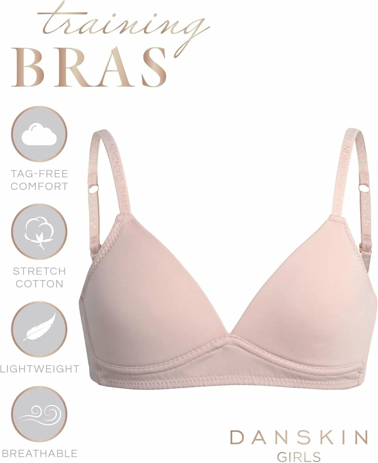 Danskin Girls Training Bra - 2 Pack Wireless Molded Cup Bras for Teens with Adjustable Straps (Sizes 30A-36A)