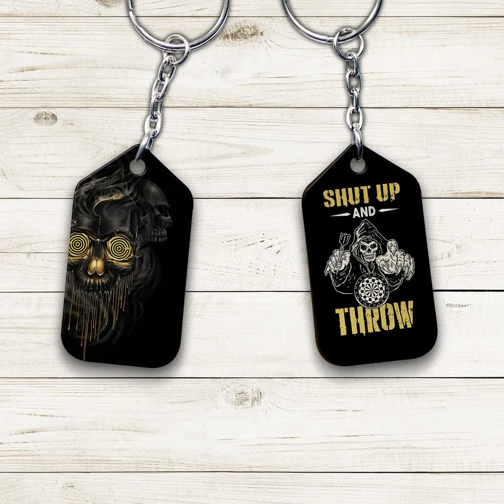 Darts Skull Shut Up and Throw Keychain For Darts Player