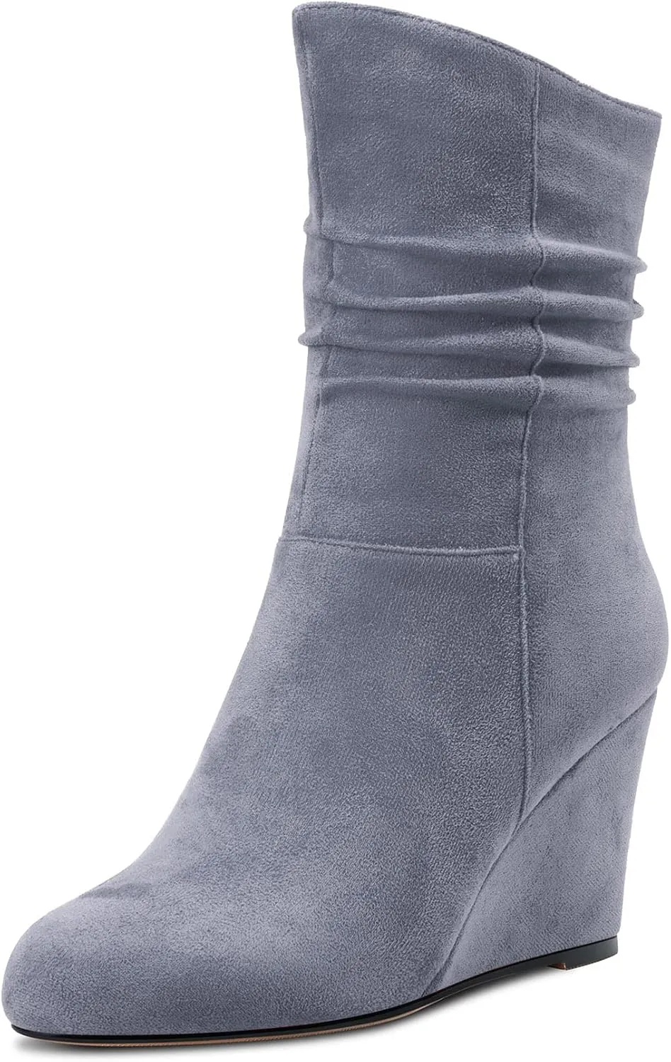 DearOnly Womens Mid Calf Short Bootie Ankle Boots Closed Round Toe Wedge High Heel Suede Dress Shoes Vintage Classic Zipper 4 Inch