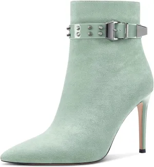 DearOnly Womens Short Bootie Ankle Boots Closed Pointed Toe Stiletto Heel Ankle Strap Suede Dress Shoes Vintage Classic Sexy 4 Inch