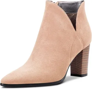 DearOnly Womens Short Bootie Ankle Boots Pointed Toe Block Chunky High Heel Suede Dress Shoes Vintage Classic Zipper 3 Inch
