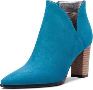 DearOnly Womens Short Bootie Ankle Boots Pointed Toe Block Chunky High Heel Suede Dress Shoes Vintage Classic Zipper 3 Inch